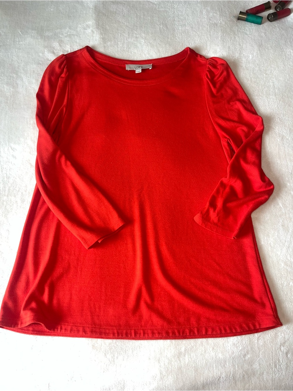 LOFT Red 3/4 Long Sleeve Crewneck Tunic Top with Ruched Shoulders Medium